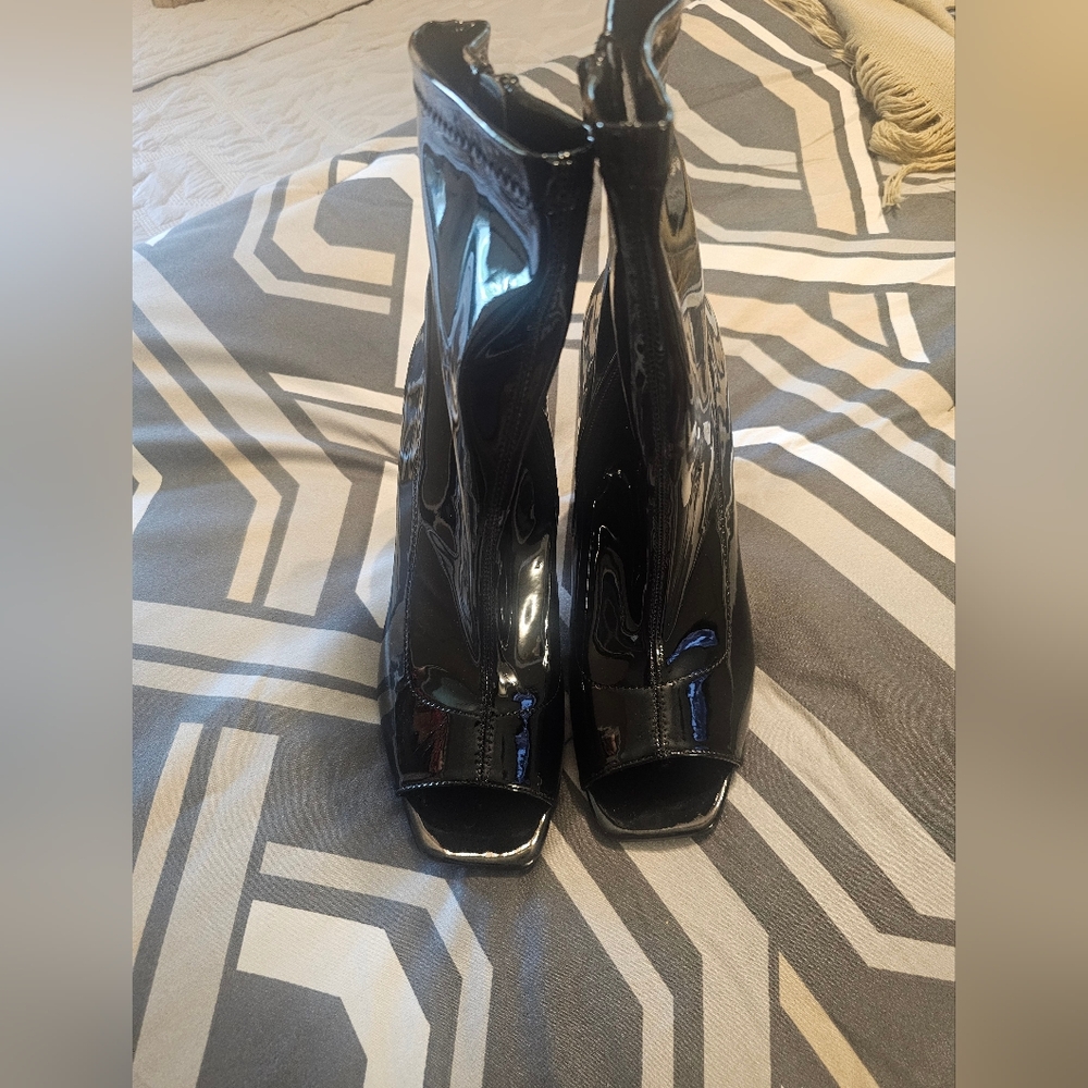 Black Patent Leather Peep-Toe Ankle Boots